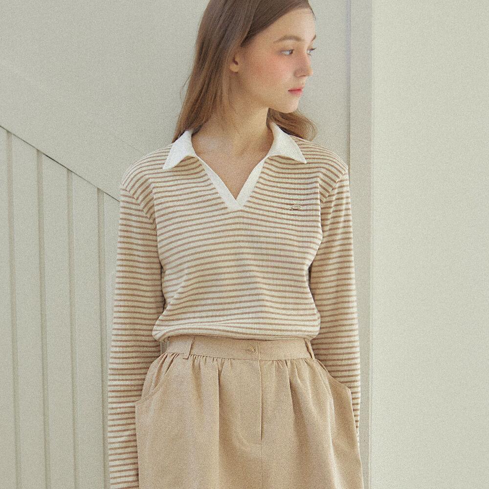 Open Collar Ribbed Sleeve T-shirt - Beige