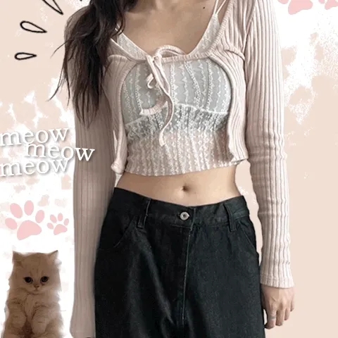 러블리 인디핑크 화이트 리본 골지 크롭 가디건 (2colors)