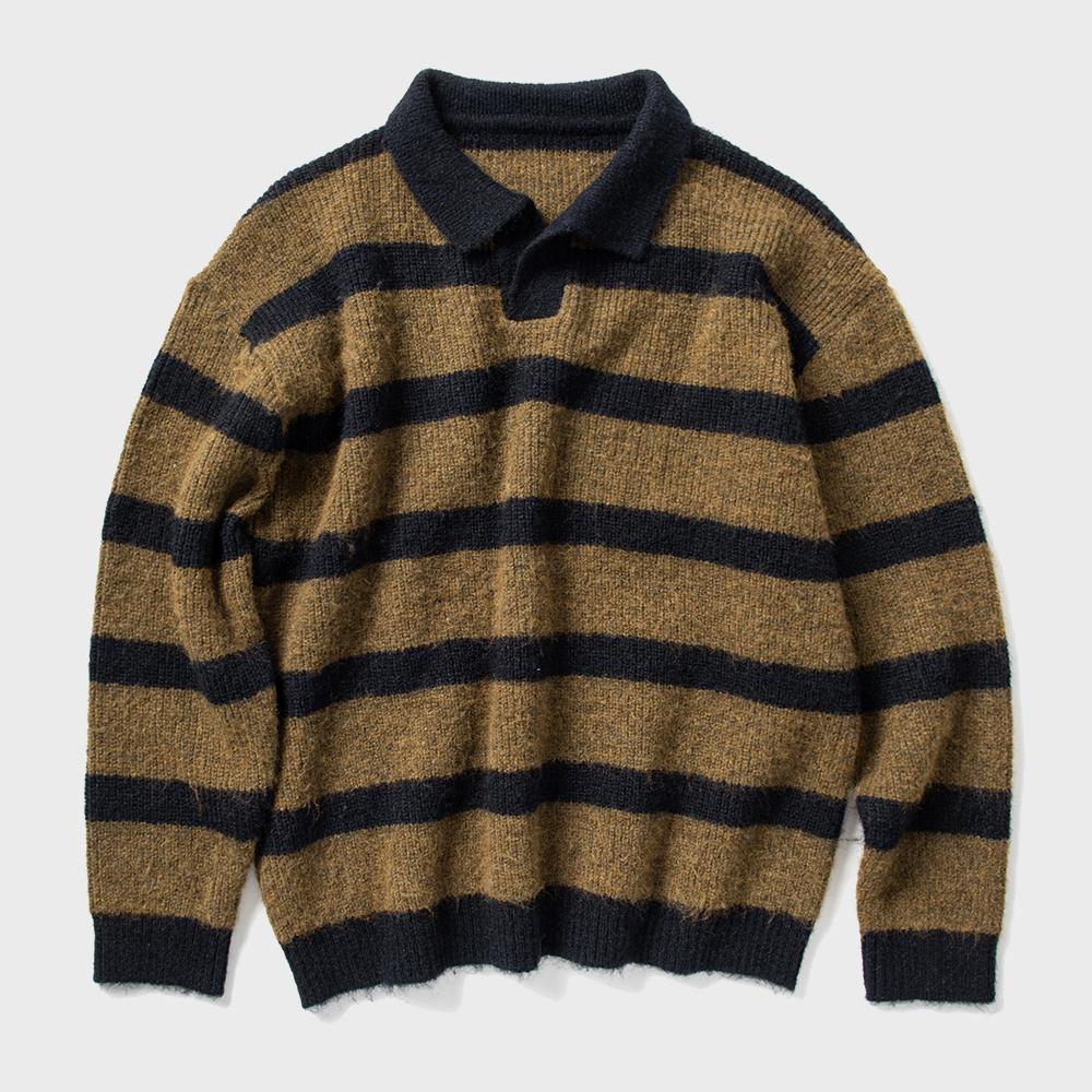 스트라이프 카라 니트 - 브라운