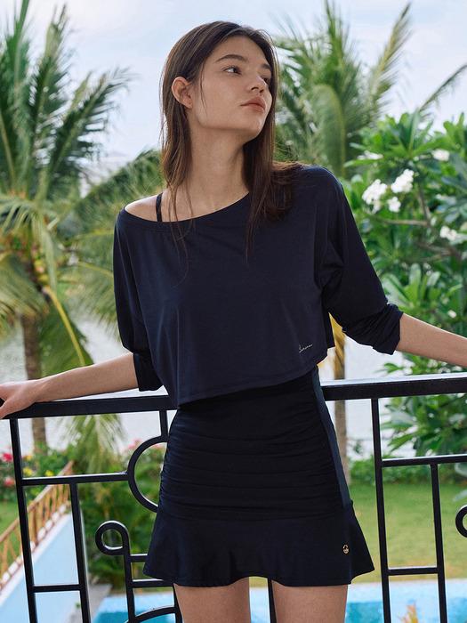 Boat Neck Crop Top Swimsuit[LMBDSW235]-Black
