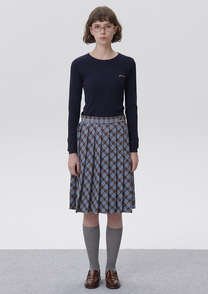 체크 미디 플리츠 랩 스커트 블루