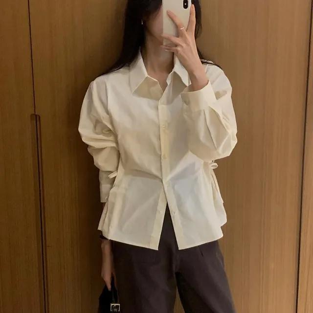 오버무드 여성 봄신상 사이드 리본 슬림 라인 끈 카라 셔츠 4color