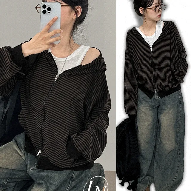 *묶음할인[루즈핏/스판] 유즈 스트릿 단가라 배색 아방핏 후드집업