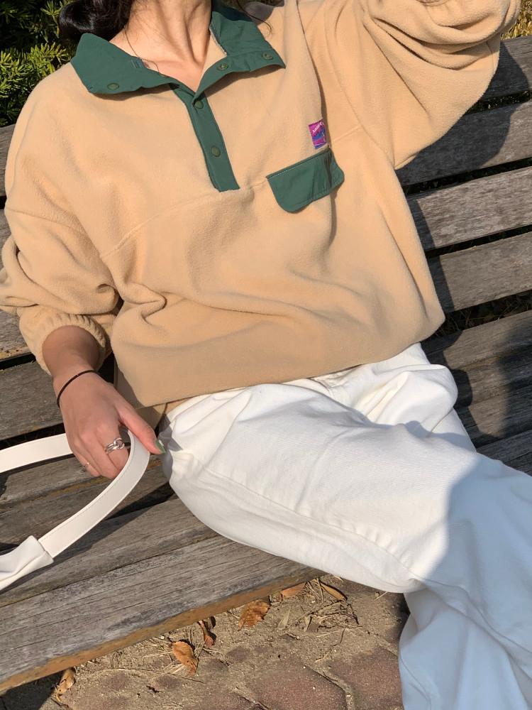 [후리스아노락-beige] 남녀공용 가을 겨울 베이지 오버핏 배색 후리스 아노락 맨투맨