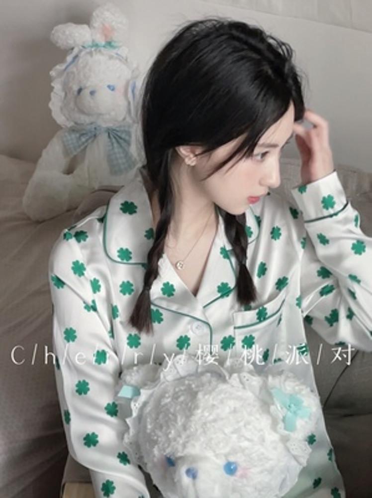 파자마파티 체리 파티 2021 이른 가을 신상 울트라 화이트 클로버 홈웨어 세트 프리미엄 실크 커스텀 파자마