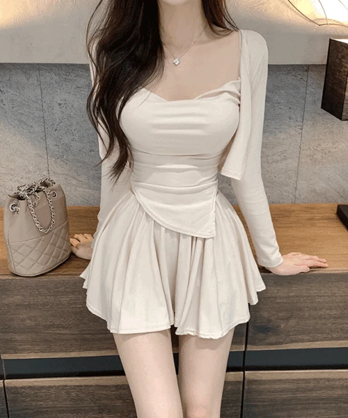 [뮤트톤🫧] 하프문 드레이프 나시 + 가디건 + 스커트 3pcs