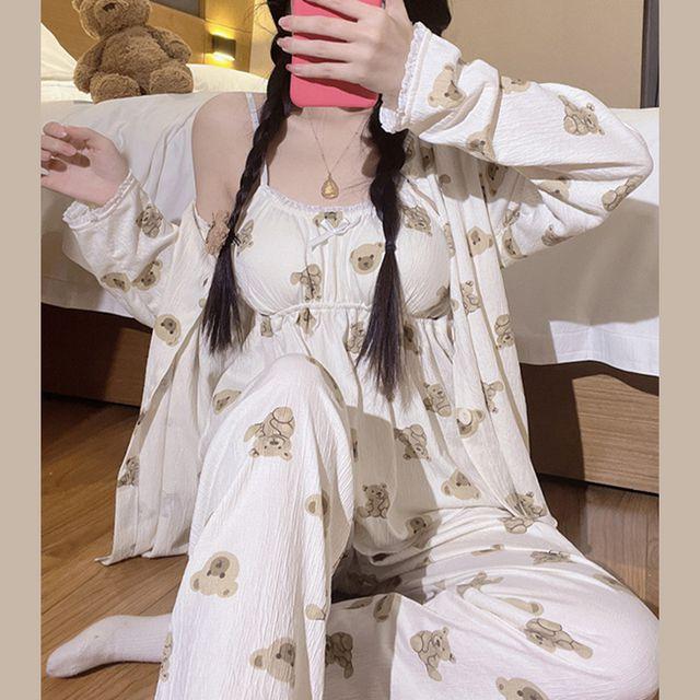 [캡] 쿠마쿠마 (나시 긴바지 가디건) - 쓰리피스 파자마 캡내장 패드내장 가디건홈웨어 잠옷세트 삼종세트 나시긴바지 민소매 곰돌이 간절기 여름 봄가을