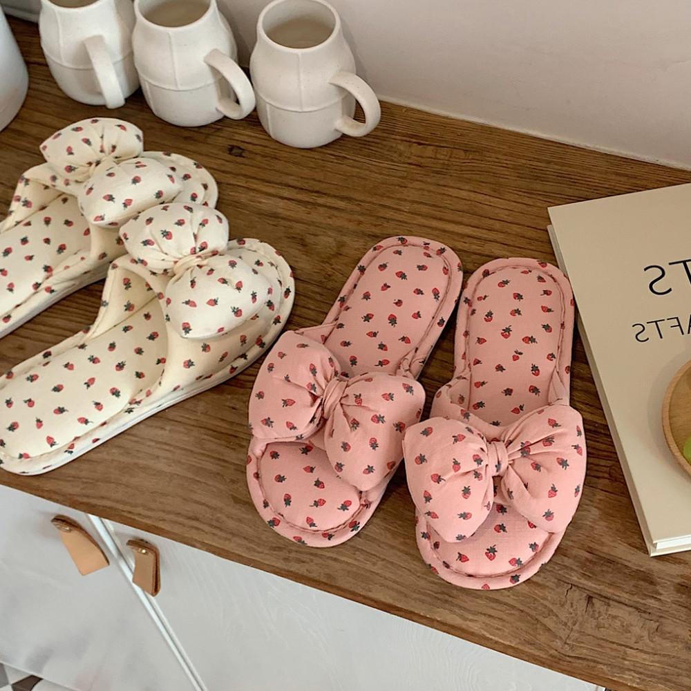 리본 딸기 슬리퍼 리넨 여름 시원한 실내화 층간소음 거실 매장 사무실 2컬러