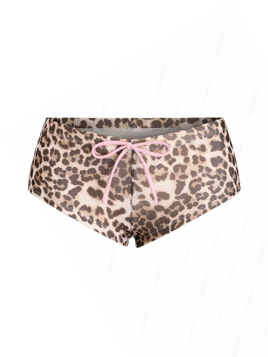 Seamolly Leopard Print Bowknot Bikini Bottom Cheeky Swim Boyshorts