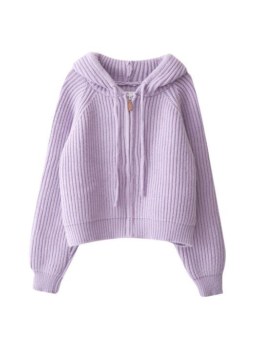 Ribbed Hoodie Zip-Up Knit Cardigan (Purple)