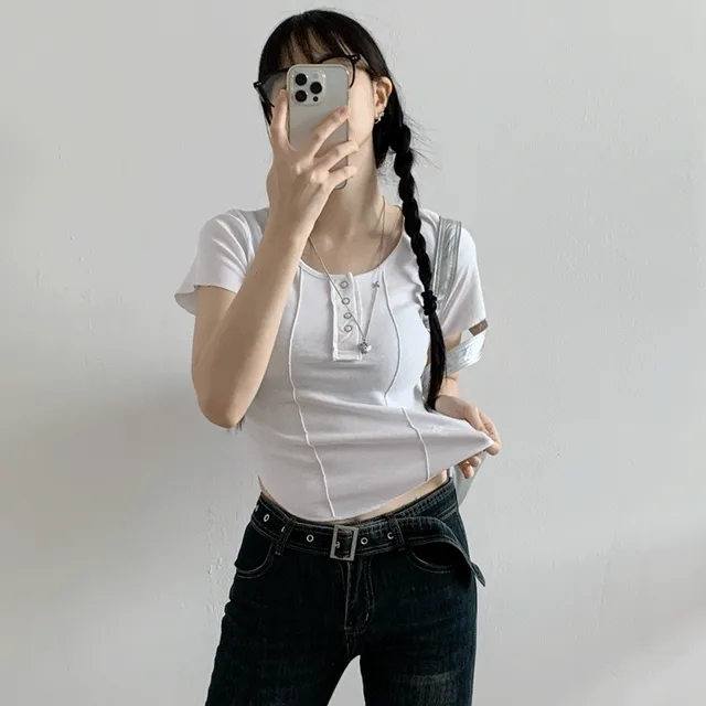 [5 color] 도빈 컷아웃 버튼 반팔티 / 컷팅 밑단 라운딩 굴림 스냅 또또 단추 코튼 면 반팔 티셔츠 반소매 여름 절개 라인 라운드넥 세미 크롭 슬림 데일리 캐주얼 미니멀