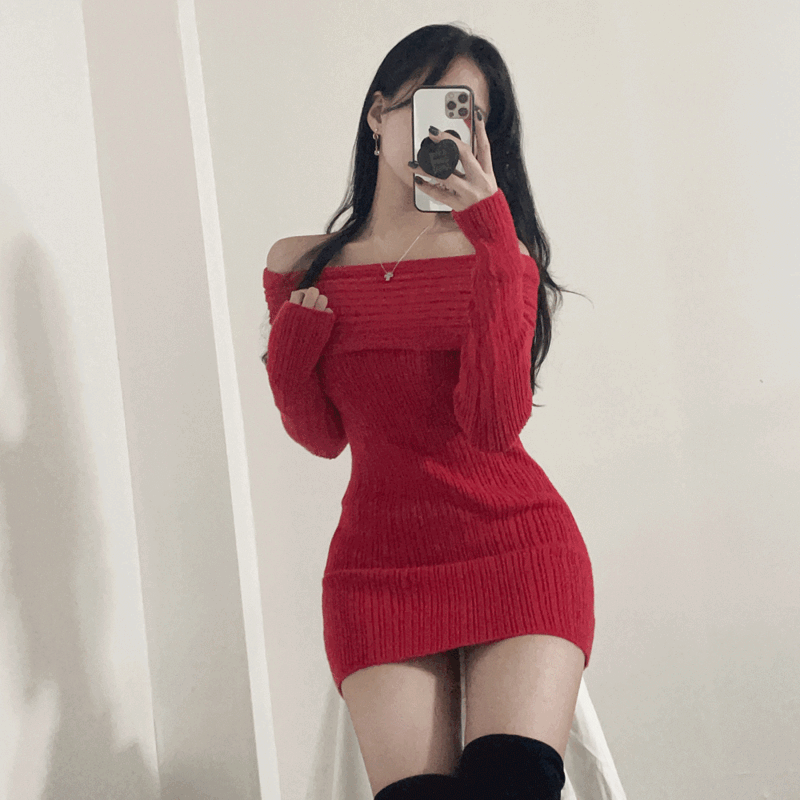 [여리핏~] 베이델 골지 니트 오프숄더 미니 원피스 (연말,파티,클럽,데이트룩 추천/5color)