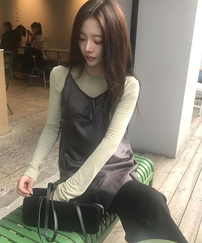 니어웨어 [겨울신상⛄] 미크 오간자 시스루 원피스 (2color) /끈원피스/뷔스티에/레이어드/레이어드원피스/하객룩/데이트룩