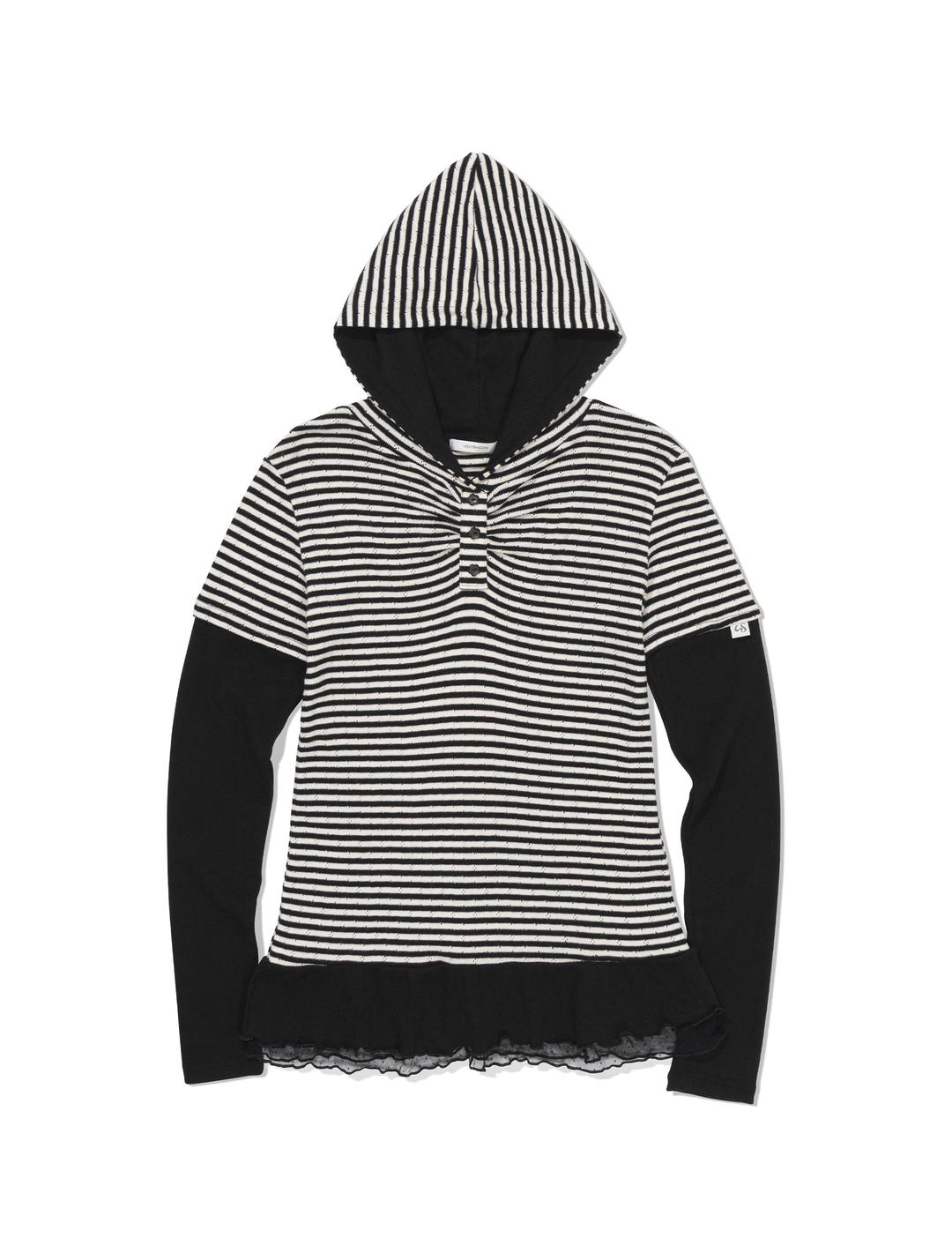 STRIPE SHIRRING LAYERED HOODIE(BLACK)