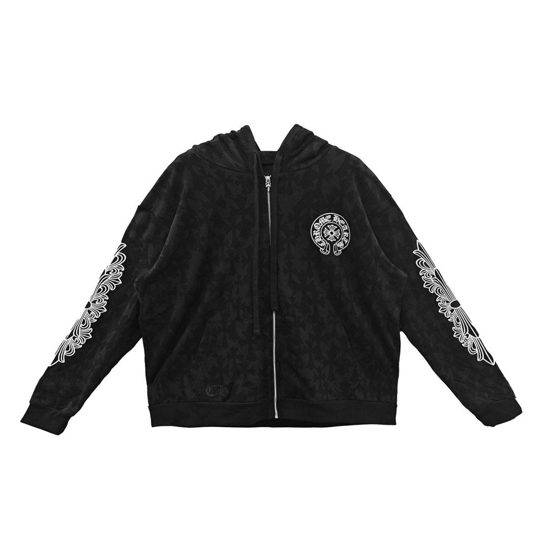 Chrome Hearts Black Tonal Monogram Scroll Horseshoe Logo Zip Up Hoodie