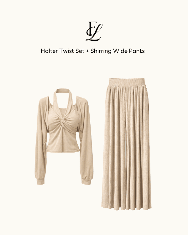 [무료배송][니트세트/3SET]매로 꼬임 홀터넥 나시 탑 + 찰랑 와이드 트레이닝 팬츠 3color