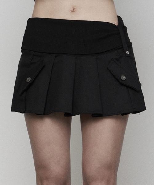 Rib Fake Pocket Pleats Skirt (BLACK)