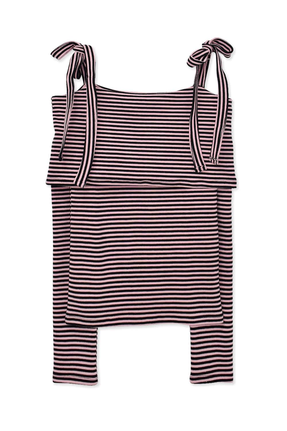 아쿠비클럽 [ACUBI CLUB]  blueberry stripe ribbon off shoulder tee (2colors)