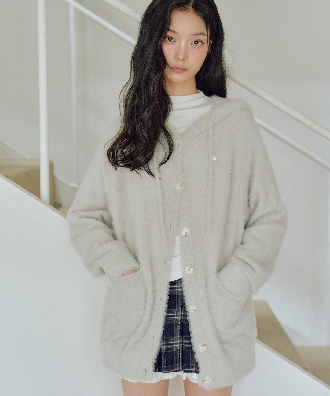 엘라 헤어리 후드 가디건 [LIGHT GREY]