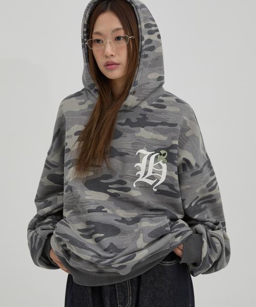 H 로고 에일리언 오버핏 후드 카모