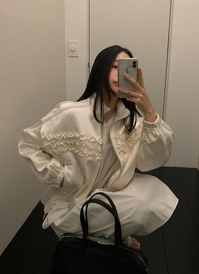 [주문폭주]샤틴 프릴 레이스 집업 점퍼