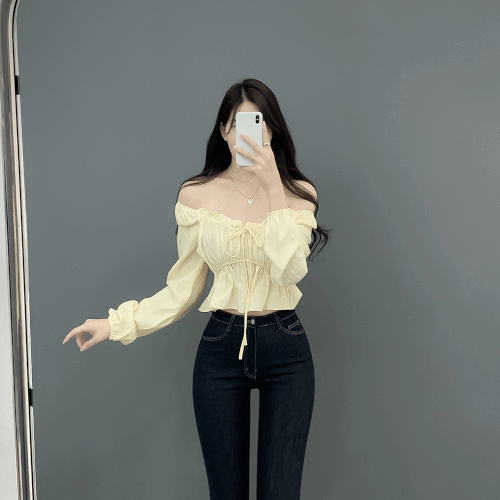 오브제이 (심쿵큐티ღ,여리여리!!) 플로랑 셔링 오프숄더 투웨이 리본 퍼프 프릴 긴팔 블라우스 3color