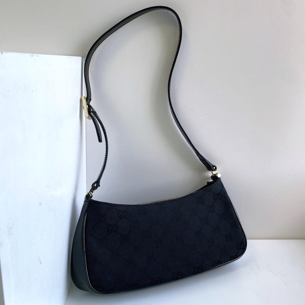 [중고] Gucci (미사용 전시품) 구찌 빈티지 올블랙 자카드 패브릭 x 에나멜 미니 호보백 숄더백 미니백 데일리백 빈티지백 블랙 검정 가방 명품