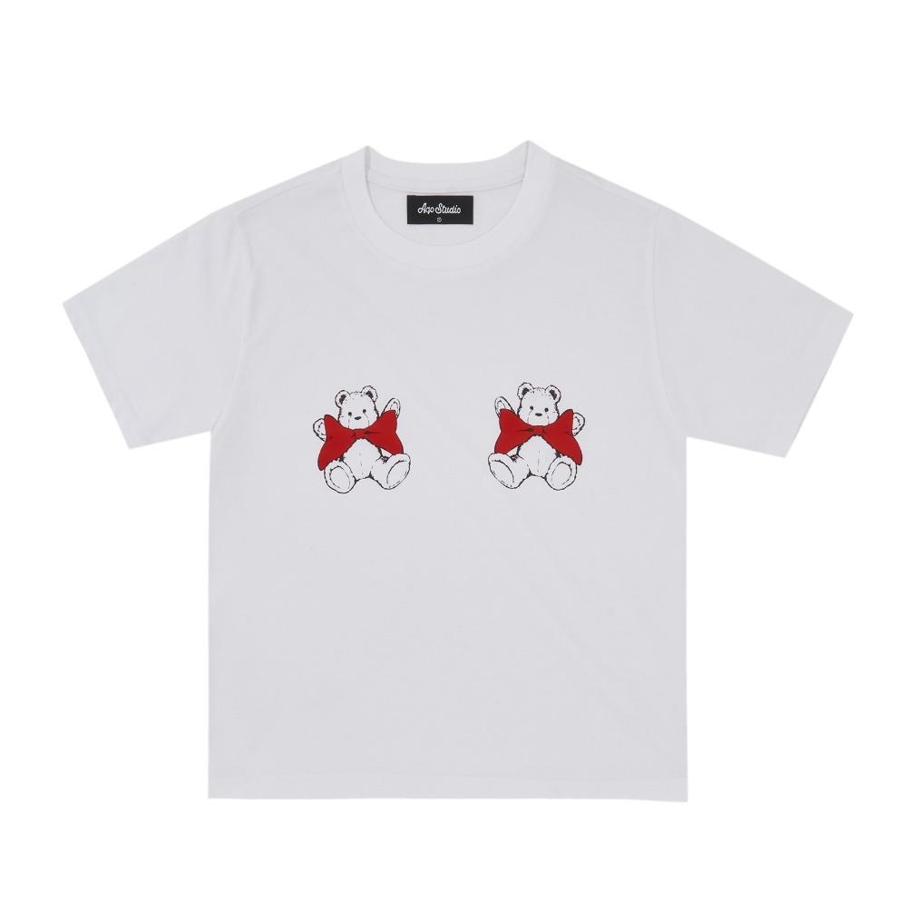 리본 베어 크롭 티셔츠 화이트