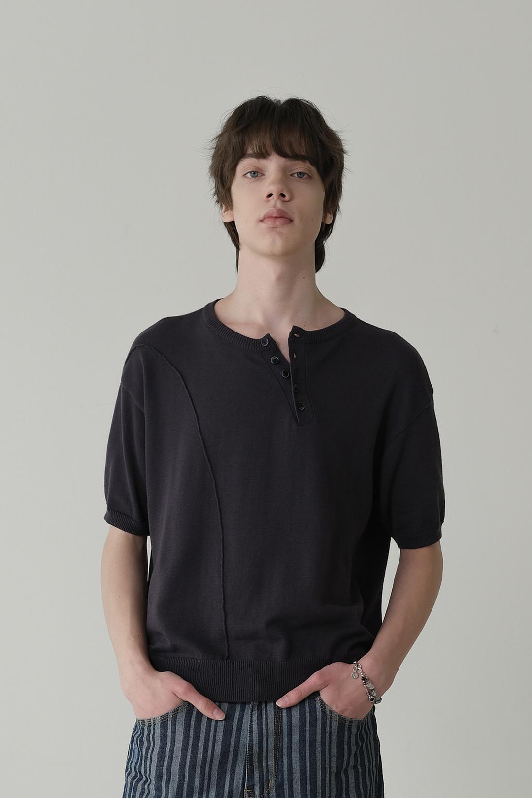 Diagonal Flow Henley Neck Half Knit - Graphite