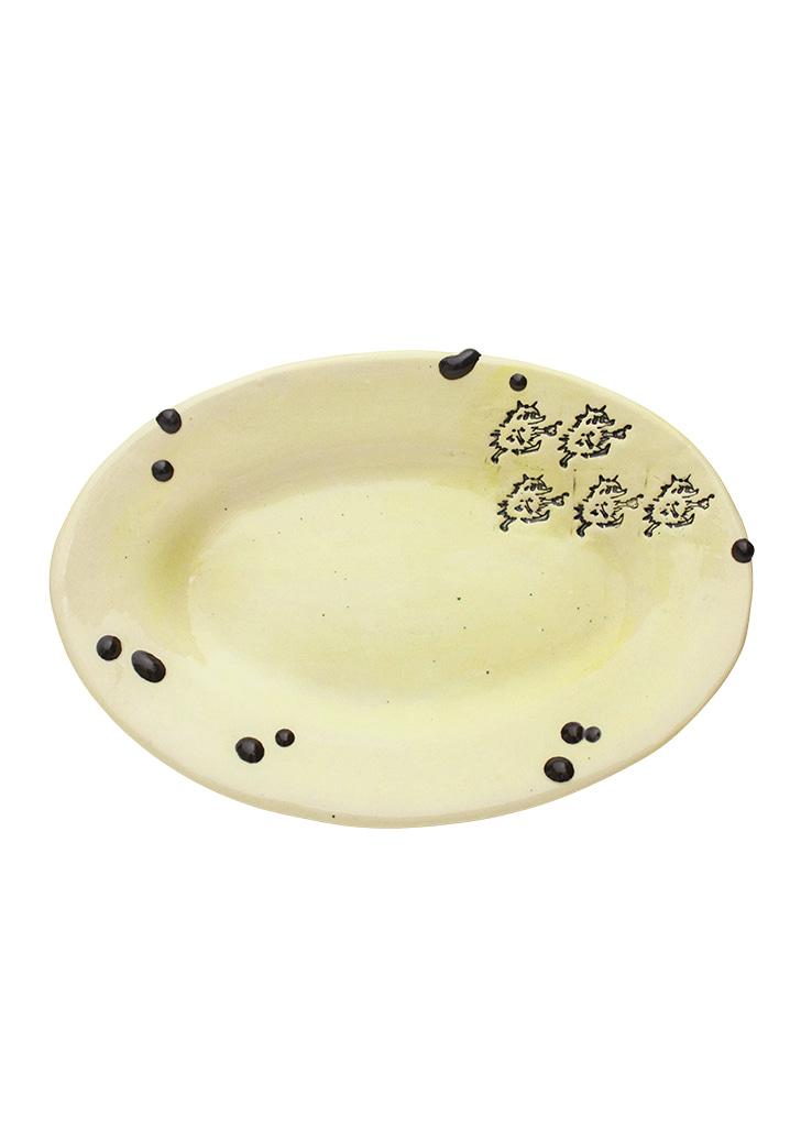 Green And Black Dripping Dots Oval Plate