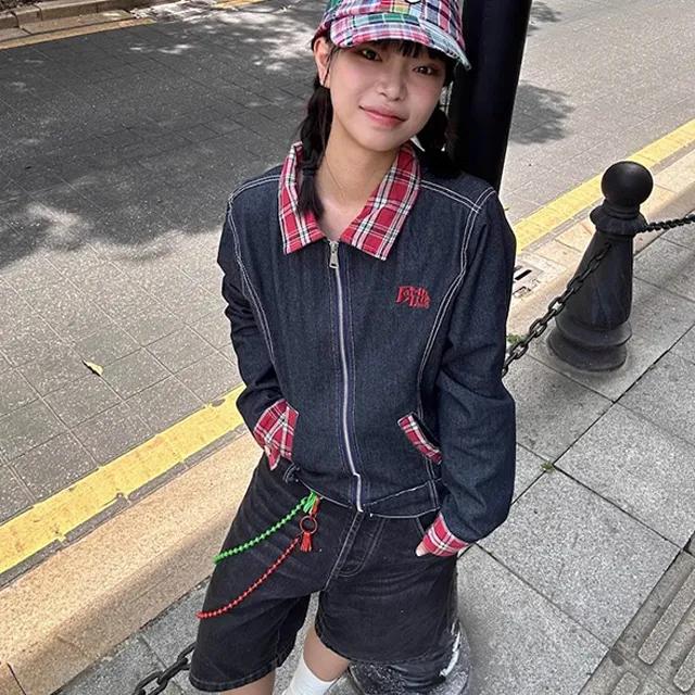 레드 타탄 생지 샐비지 데님 자켓