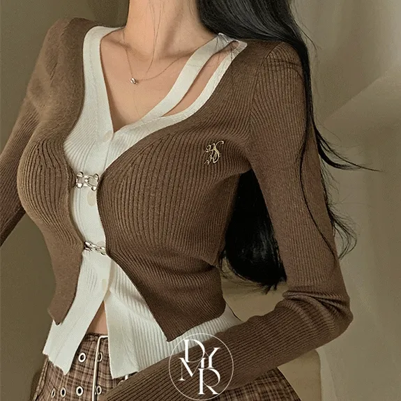 [일체형!/4color] 골지 레이어드 배색 언발 트임 고리 후크 버클 크롭 니트 가디건