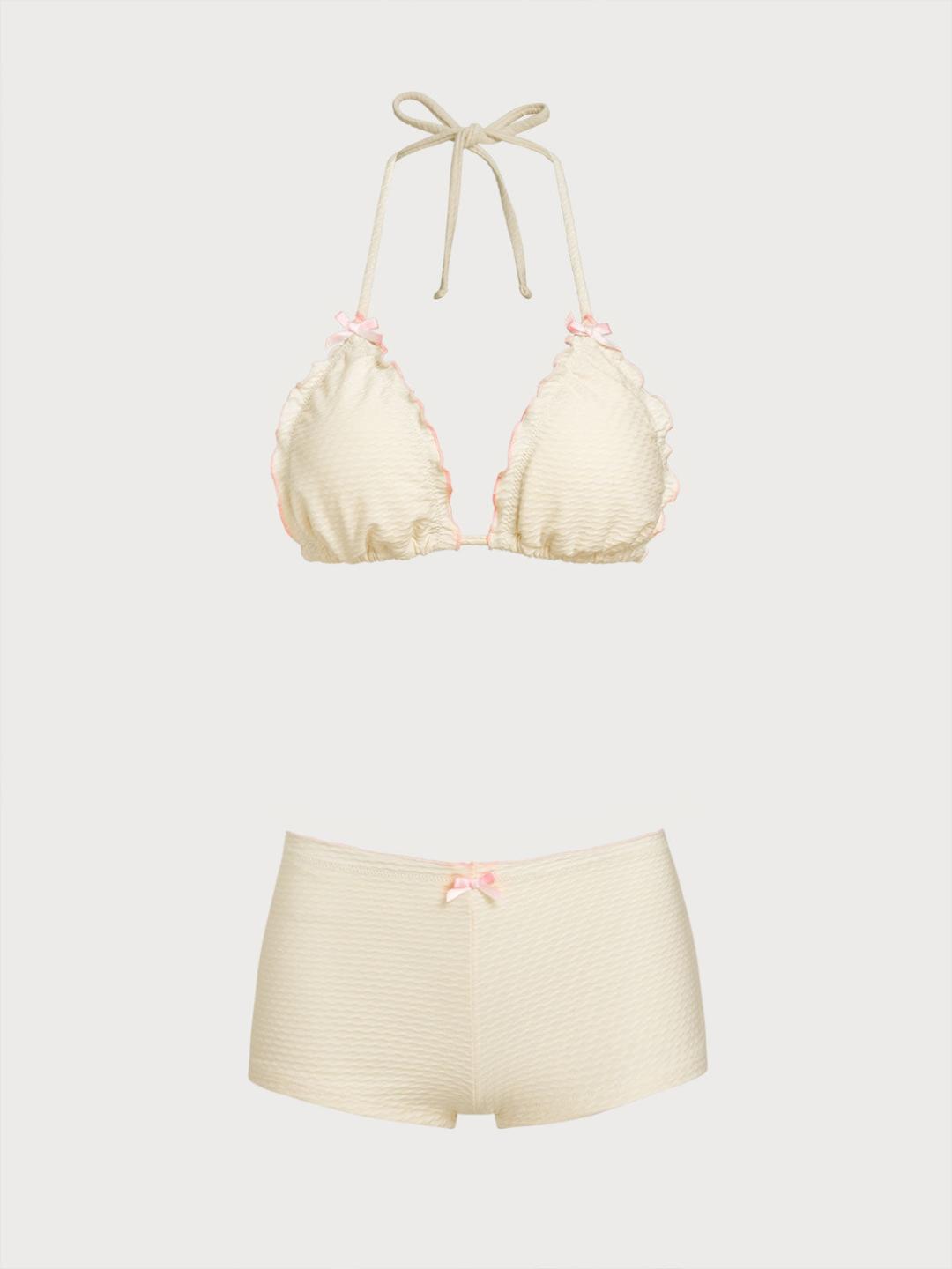Off White Contrast Bow Shorts Bikini Set