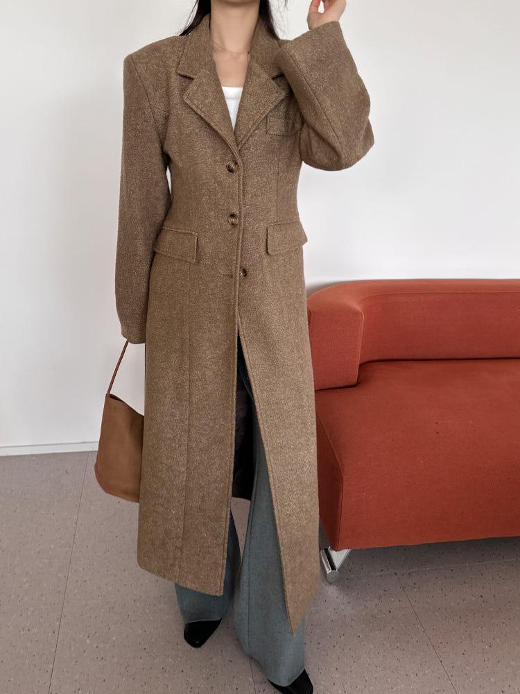 루즈핏 메텔 클래식 허리라인 카라 싱글 버튼 울 맥시 부클 롱코트