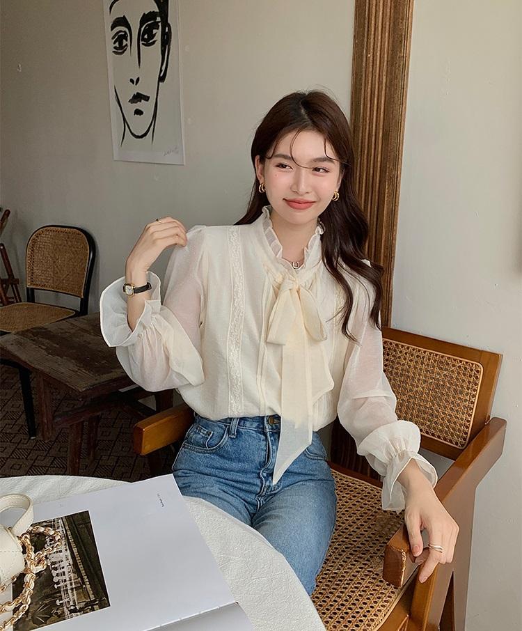 르뚜앙 [당일출고] 티피오 쉬폰 타이블라우스 봄 가을 프릴 레이스 하이넥 오간자 블라우스 르뚜앙