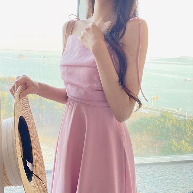 샤르망 셔링 나시 뷔스티에 어깨 리본끈 롱 원피스_수니