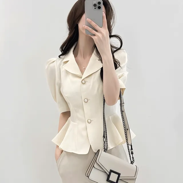 [봄 여름 하객룩] 니카 페플럼 라인 진주 버튼 퍼프 소매 반팔 블라우스/3color