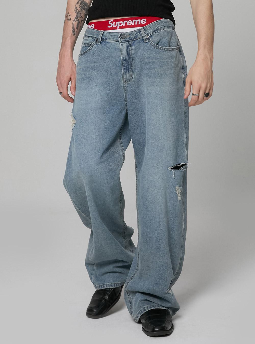 [9640] 유니섹스 데미지 워시드 와이드 데님 (연청)