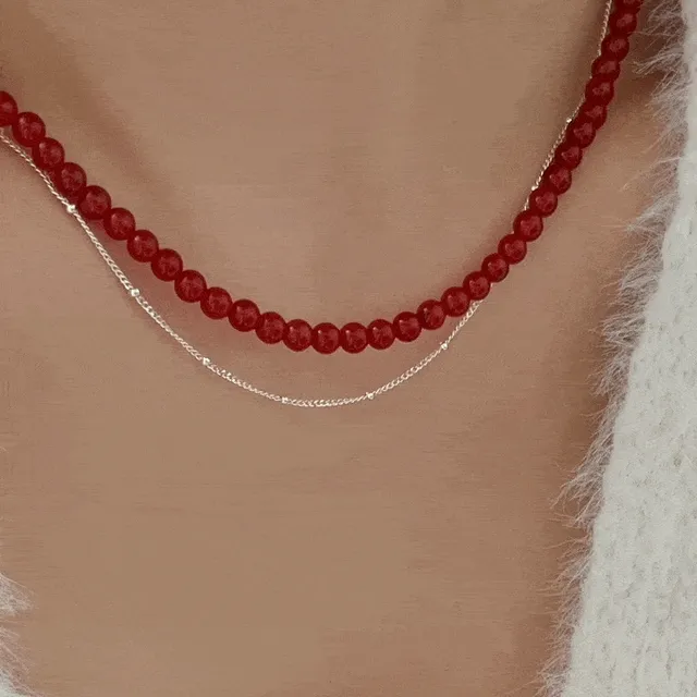 [써지컬] 레드 자마노 비즈 초커 볼 레이어드 목걸이