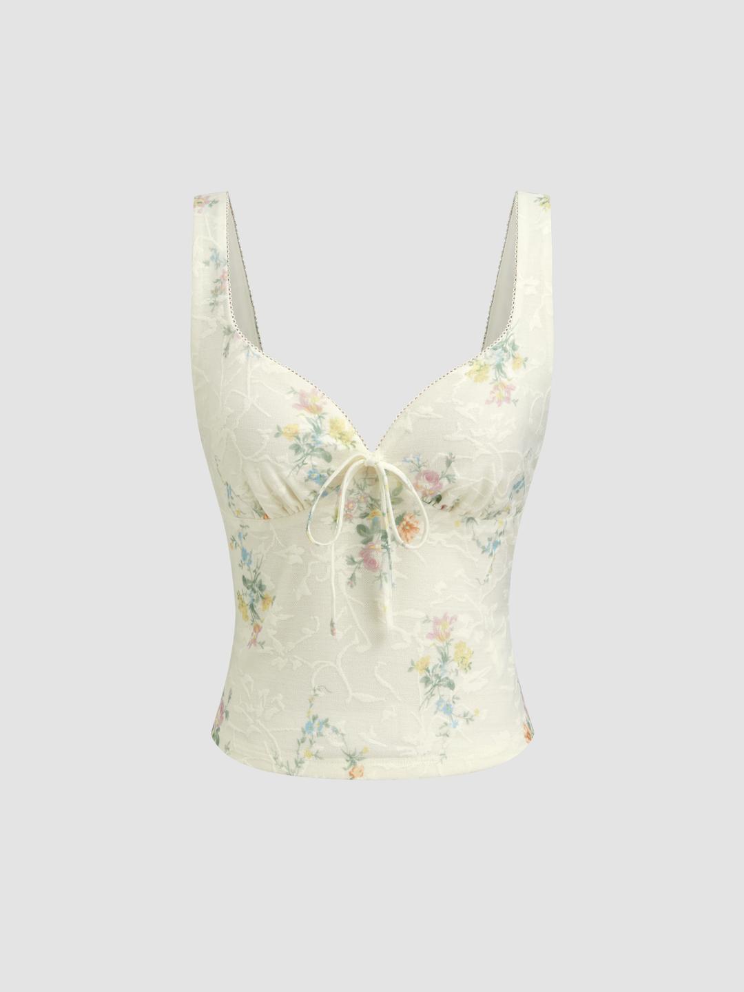 Lace Sweetheart Neckline Floral Knotted Tank Top