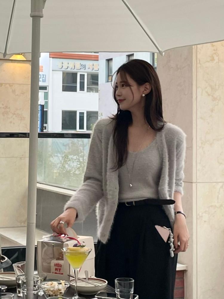 앙고라 가디건 브이넥 퍼가디건