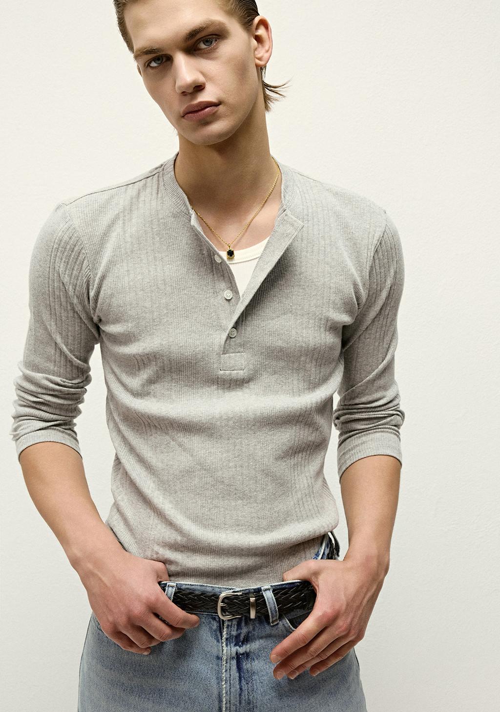 (세비지) Slim Fit Henley Neck Jersey Long Sleeve - Grey : 세비지