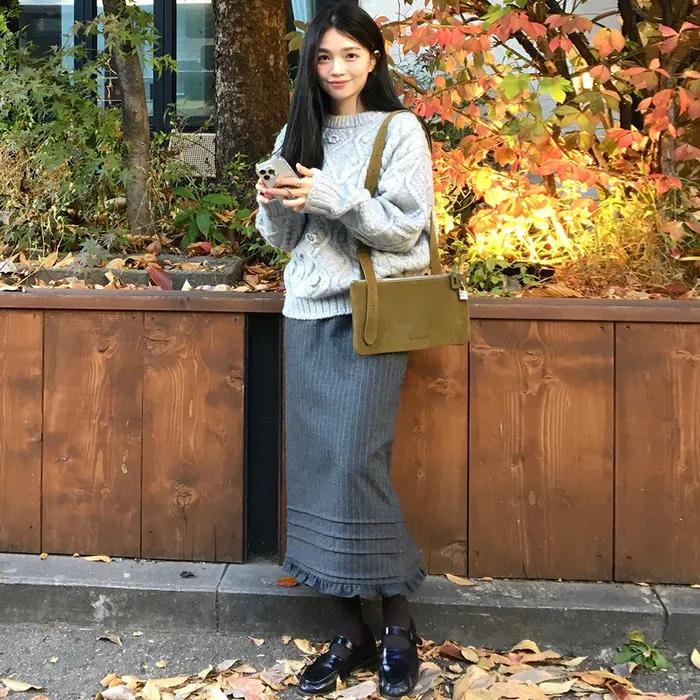 PINSTRIPE FRILL LONG SKIRT_CHARCOAL