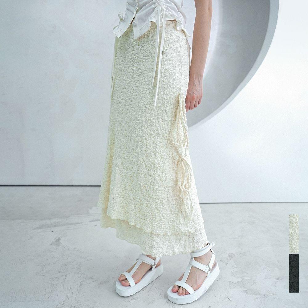 Ribbon Shell Layered Long Skirt - 2COL