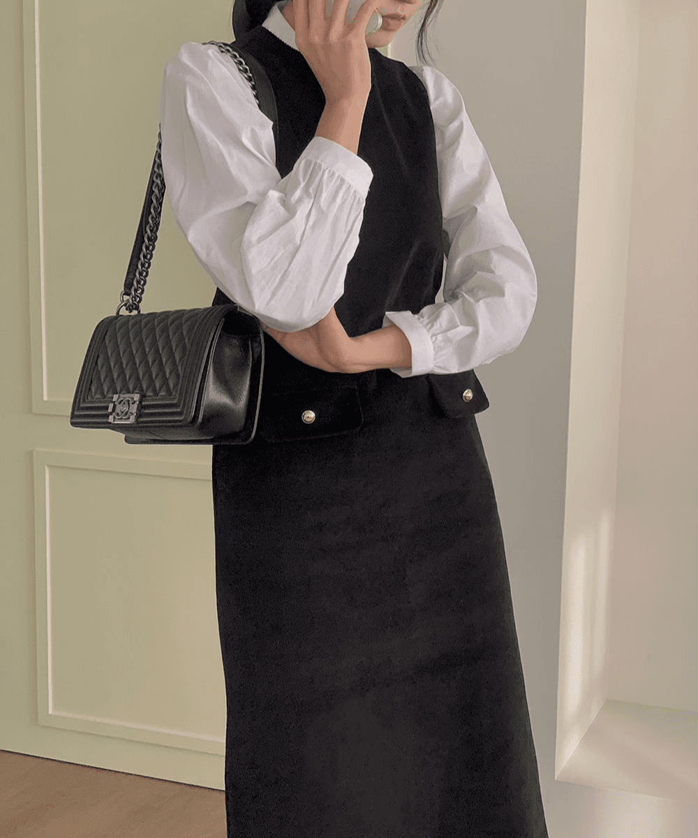 [국내/고퀄리티]베로나 코듀로이 골드 버튼 나시 뷔스티에 하객 원피스