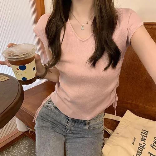 브이넥 사이드 셔링 반소매 티셔츠