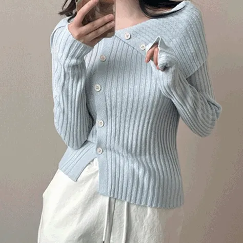 봄ver출시!! *당일출고* 최저가/여친룩 강추💓 여리핏 언발 사선 골지 오프숄더 버튼 니트 5color