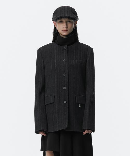 Collarless Wool Jacket [ Drak Gray ]