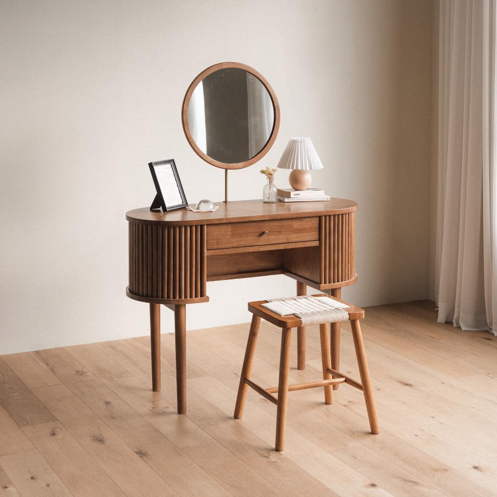 헤세 월넛 원목 수납 화장대 세트(거울+라탄스툴)