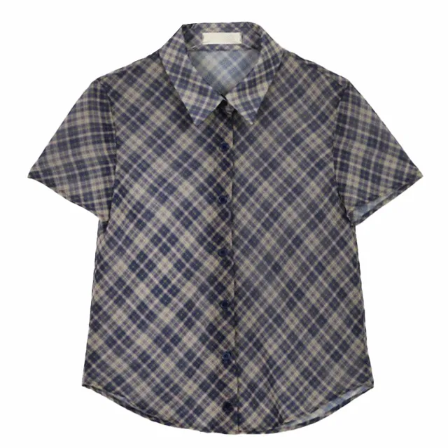 [은근 시스루] 반팔 체크 롤링 셔츠